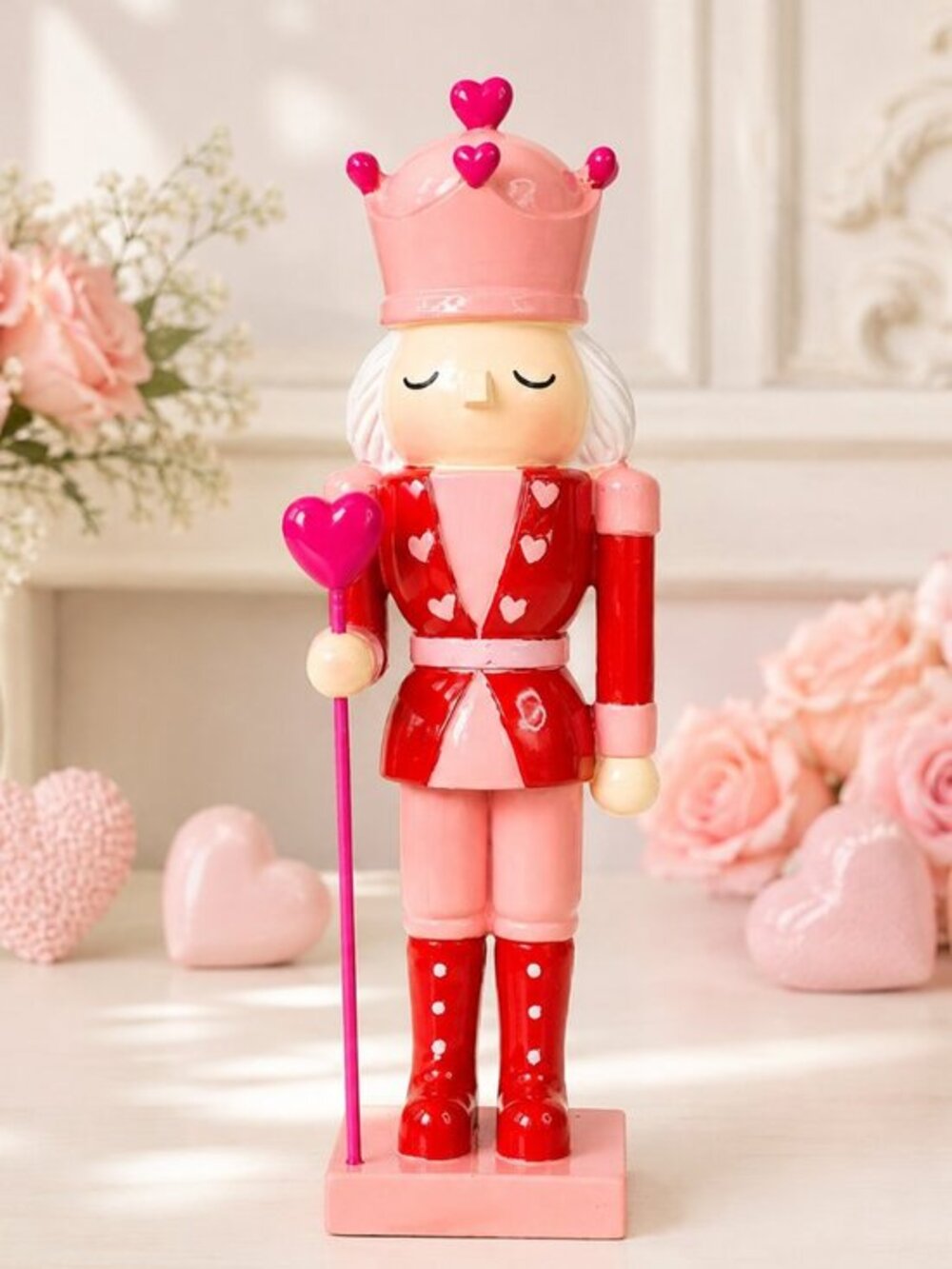 Valentine Nutcracker Figurine Pink Red Heart Scepter Decor NWT